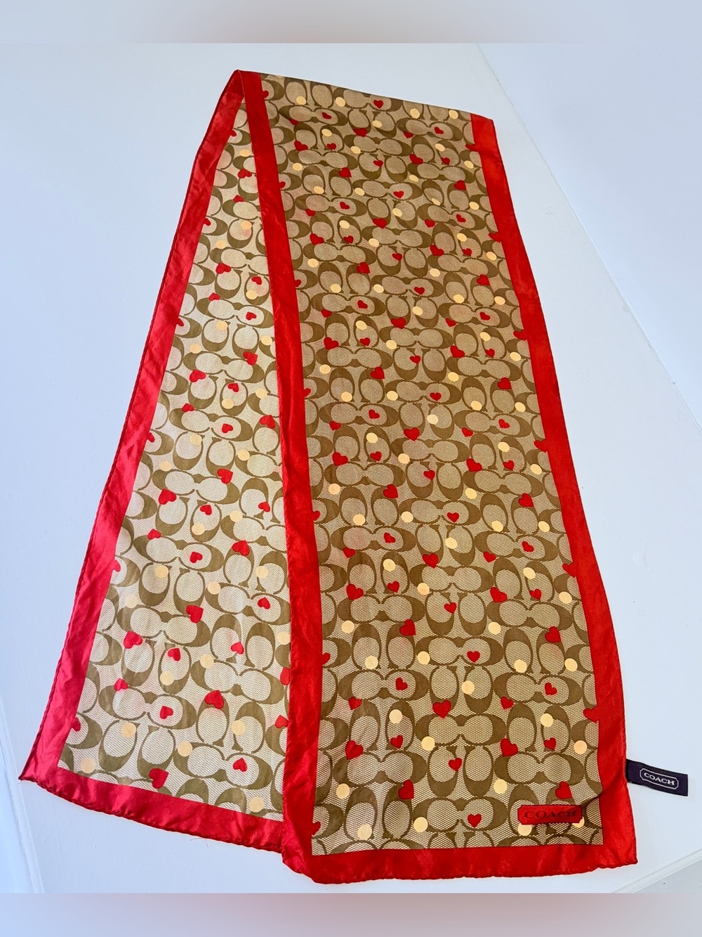 Coach Beige and Red Signature Silk Scarf with Heart Motif